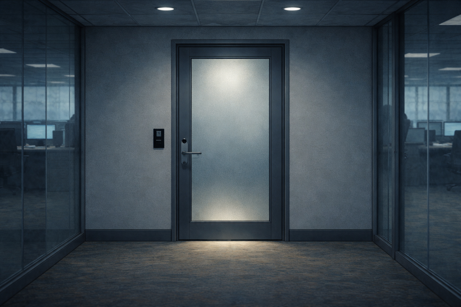 Closed office door with light underneath