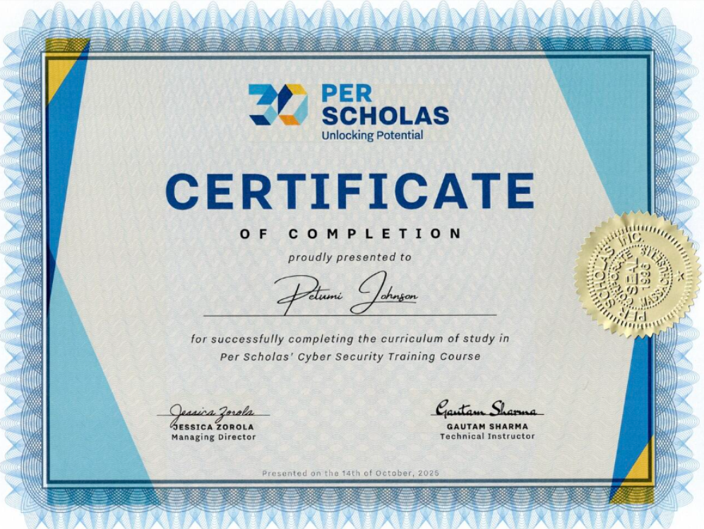 Per Scholas Cybersecurity Certificate of Completion
