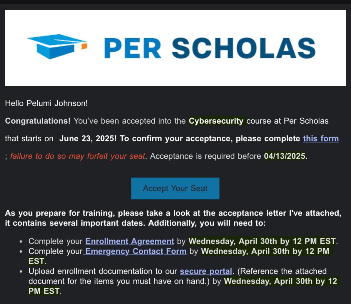 Per Scholas Cybersecurity Acceptance Email
